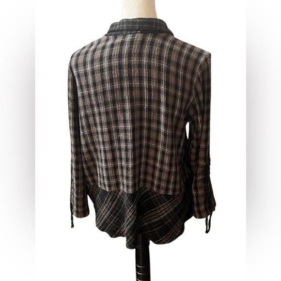 Habitat Women Autumn Plaid Mix Ruched Sleeve Jacket Sz S Brown Button Up P2P 22 - Picture 3 of 8